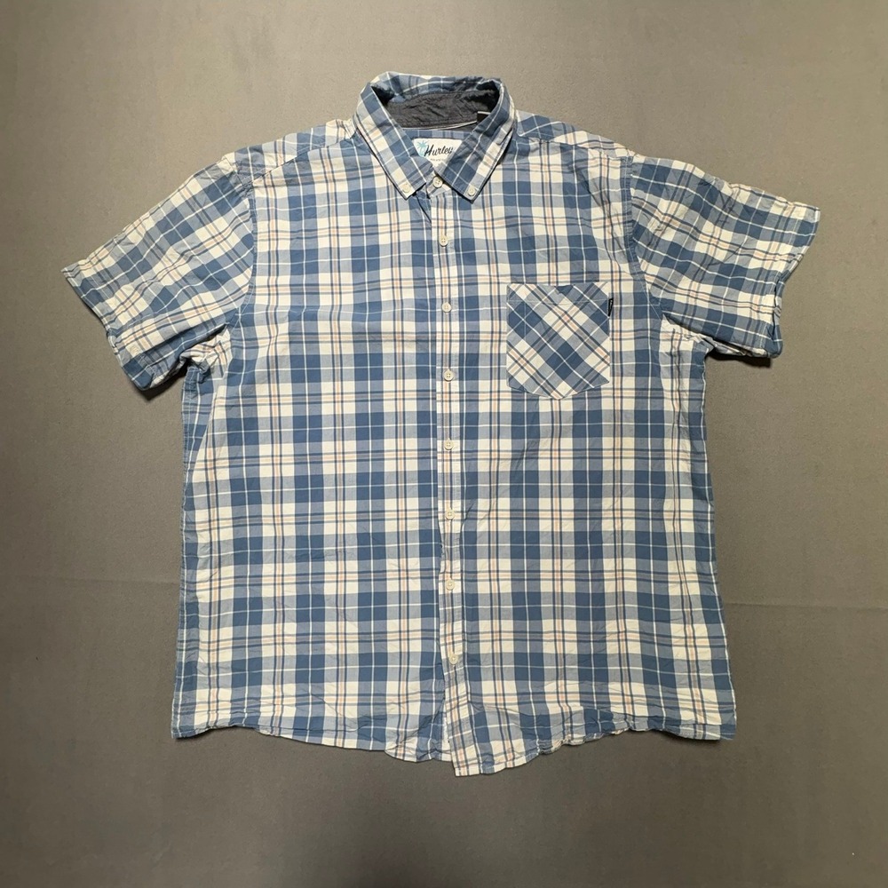 Hurley Mens Blue White Plaid Slub Button Down Shirt XXL HMS22-03333